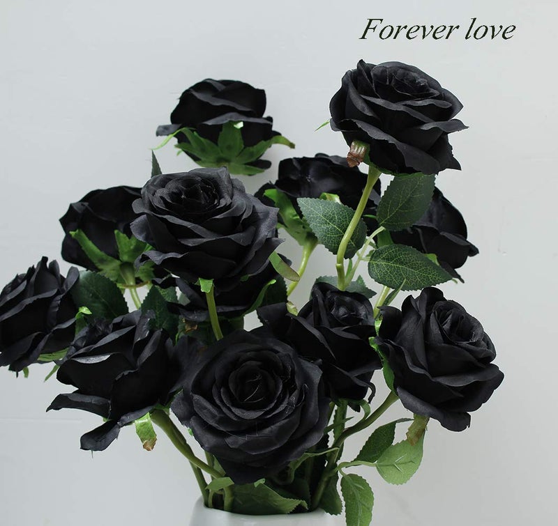 Laelfe 12 PCS Artificial Flowers Black Roses, Fake Silk Flower Long Stem Artificial Rose for Halloween Home Wedding Party Decorations(Black) - Image 5